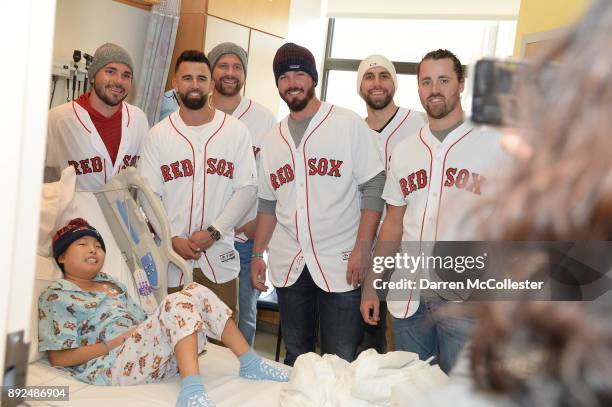 Boston Red Sox Robby Scott, Devin Marrero, Brian Johnson, Austin Maddox, Matt Barnes, and Heath Hembree visit Christopher at Boston Children's...