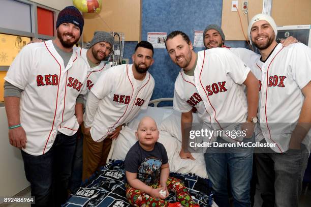 Boston Red Sox Austin Maddox, Brian Johnson, Devin Marrero, Heath Hembree, Robby Scott, and Matt Barnes visit Lucas at Boston Children's Hospital...