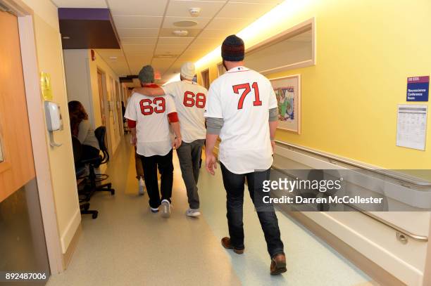Boston Red Sox Brian Johnson, Matt Barnes, and Austin Maddox visit the kids at Boston Children's Hospital December 14, 2017 in Boston, Massachusetts.