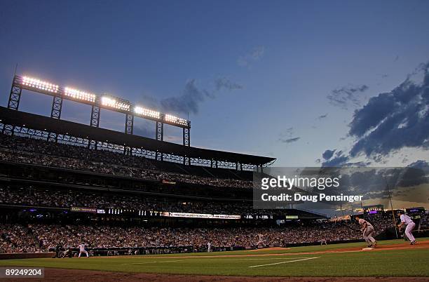 General view of the stadium as the sun sets over left field as the Colorado Rockies face the the San Francisco Giants at Coors Field on July 24, 2009...