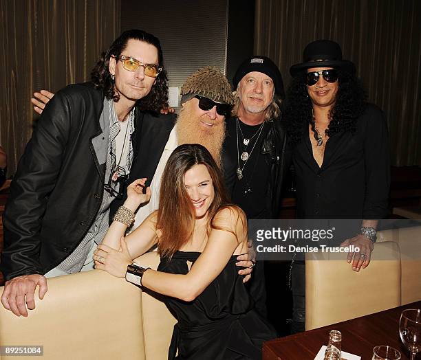 David Saltz, Gilligan Stillwater, Billy Gibbons, Brad Whitford and Slash attend Slash's birthday dinner at Stack Restaurant at The Mirage Hotel and...