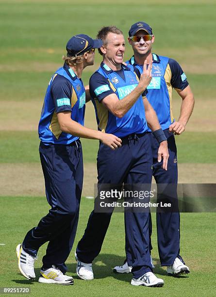 Dominic Cork of Hampshire celebrates taking his third wicket of Chris Nash of Sussex during the Friends Provident Trophy Final between Hampshire and...