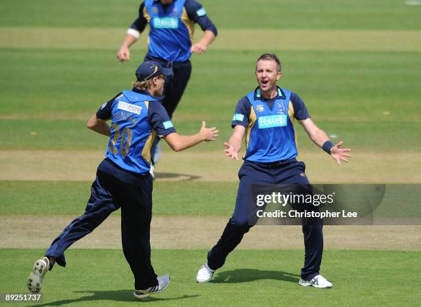 Dominic Cork of Hampshire celebrates taking his third wicket of Chris Nash of Sussex during the Friends Provident Trophy Final between Hampshire and...