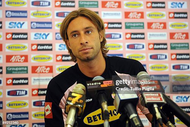 Giacomo Brichetto new goalkeeper of Palermo answeres questions during a press conference before a training session at Sportarena on July 25, 2009 in...