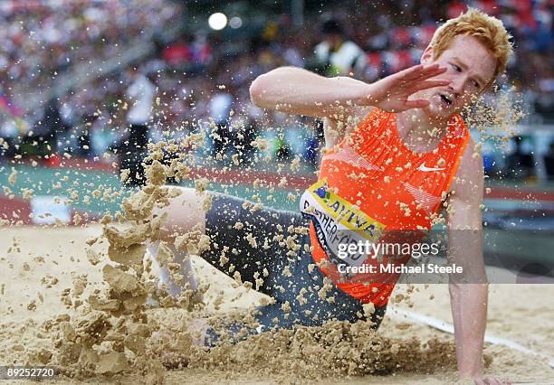 Greg Rutherford of Great Britain competes in the Men's Long Jump during day two of the Aviva London Grand Prix track and field meeting at Crystal...