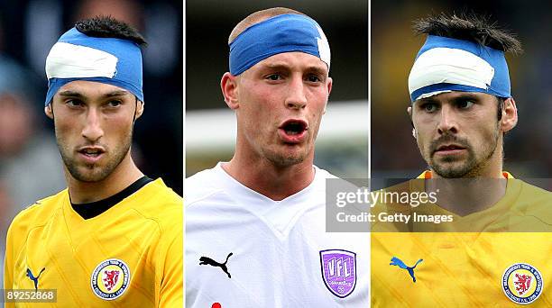 This picture combo is showing Marco Calamita of Braunschweig, Patrick Herrmann of Osnabrueck and Dennis Kruppke of Braunschweig during the 3. Liga...