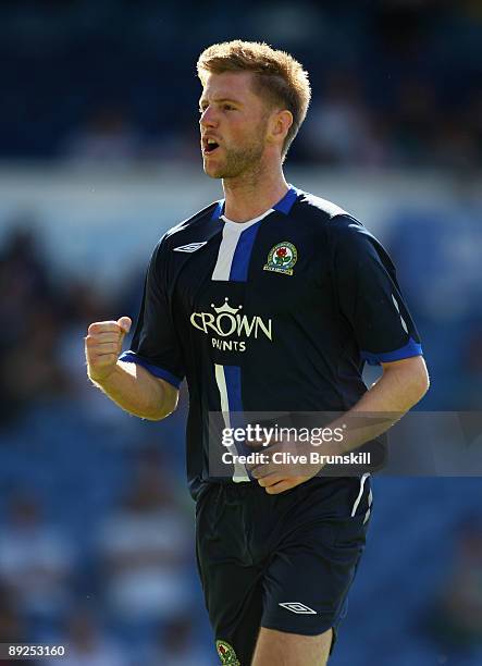 Paul Gallagher of Blackburn Rovers celebrates scoring the equalizer from the penalty spot during the Pre Season Friendly match between Leeds United...