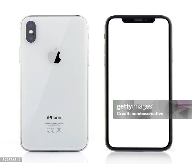 apple iphone x silver white blank screen and rear view - iphone 11 stock pictures, royalty-free photos & images