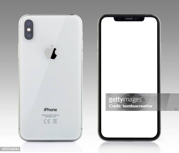 apple iphone x silver white blank screen and rear view - iphone 11 stock pictures, royalty-free photos & images