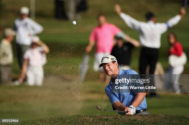 Tom Watson of the USA plays out of the 17th greensidse bunker during the third round of The Senior Open Championship presented by MasterCard held on...