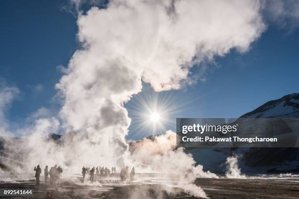 silhouette tourists at tatio geysers, san pedro de atacama, chile - san pedro stock pictures, royalty-free photos & images