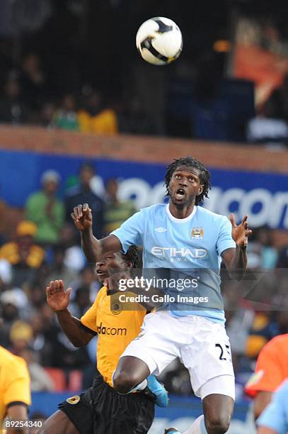 Emanuel Adebayor of Manchester City and Thomas Sweswe of Kaiser Chiefs rise for a high ball during the final of the 2009 Vodacom Challenge match...