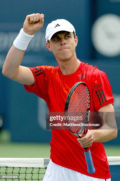 Sam Querrey celebrates his win over Frank Dancevic of Canada during the semifinals of the Indianapolis Tennis Championships on July 25, 2009 at the...