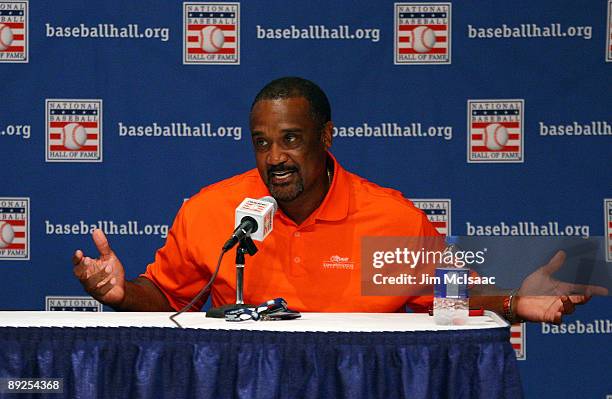 Inductee Jim Rice speaks to the media at the Cooperstown Central School during the Baseball Hall of Fame weekend on July 25, 2009 in Cooperstown, New...