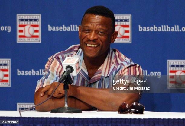 Inductee Rickey Henderson speaks to the media at the Cooperstown Central School during the Baseball Hall of Fame weekend on July 25, 2009 in...