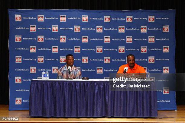 Inductees Rickey Henderson and Jim Rice speak to the media at the Cooperstown Central School during the Baseball Hall of Fame weekend on July 25,...