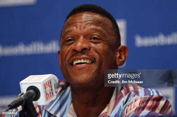 Inductee Rickey Henderson speaks to the media at the Cooperstown Central School during the Baseball Hall of Fame weekend on July 25, 2009 in...