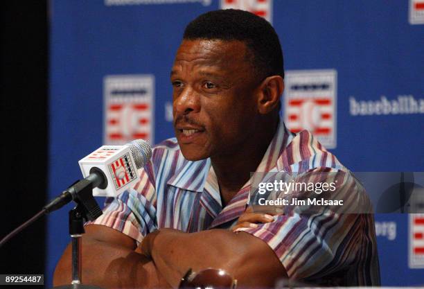 Inductee Rickey Henderson speaks to the media at the Cooperstown Central School during the Baseball Hall of Fame induction weekend on July 25, 2009...