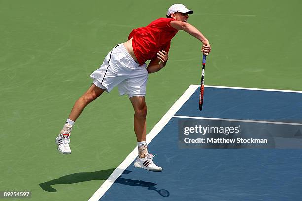 Sam Querrey serves to Frank Dancevic of Canada during the semifinals of the Indianapolis Tennis Championships on July 25, 2009 at the Indianapolis...