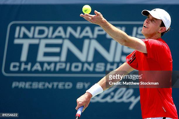 Sam Querrey serves to Frank Dancevic of Canada during the semifinals of the Indianapolis Tennis Championships on July 25, 2009 at the Indianapolis...