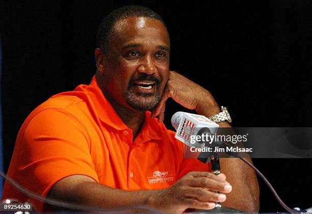 Inductee Jim Rice speaks to the media at the Cooperstown Central School during the Baseball Hall of Fame induction weekend on July 25, 2009 in...