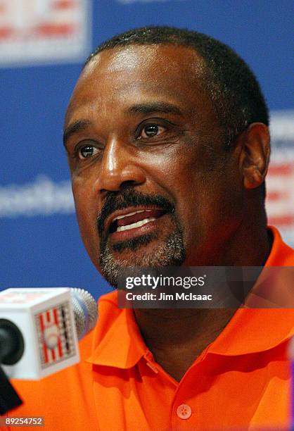 Inductee Jim Rice speaks to the media at the Cooperstown Central School during the Baseball Hall of Fame induction weekend on July 25, 2009 in...