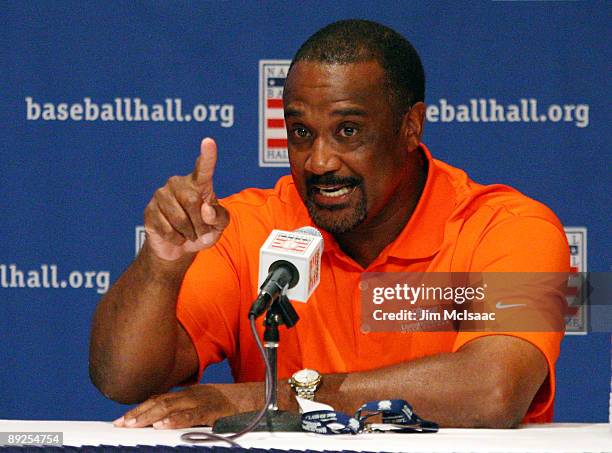 Inductee Jim Rice speaks to the media at the Cooperstown Central School during the Baseball Hall of Fame induction weekend on July 25, 2009 in...