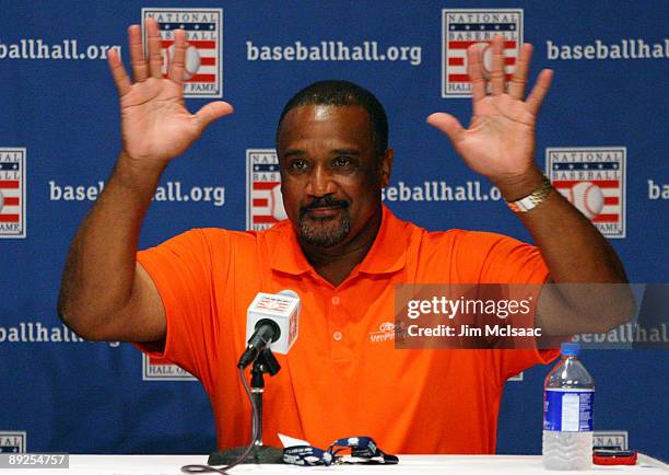 Inductee Jim Rice speaks to the media at the Cooperstown Central School during the Baseball Hall of Fame induction weekend on July 25, 2009 in...