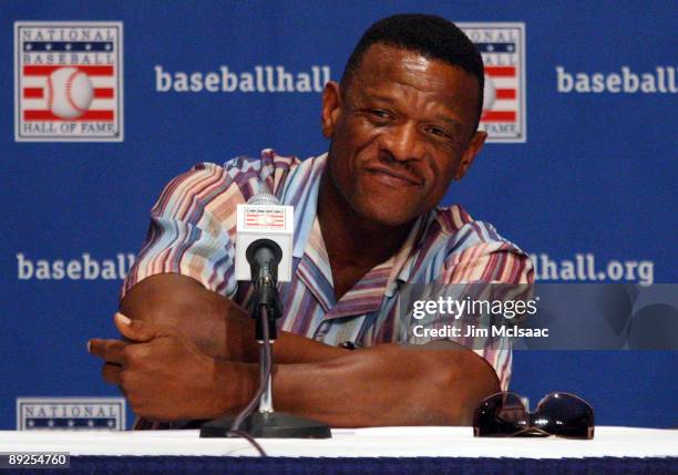 Inductee Rickey Henderson speaks to the media at the Cooperstown Central School during the Baseball Hall of Fame induction weekend on July 25, 2009...