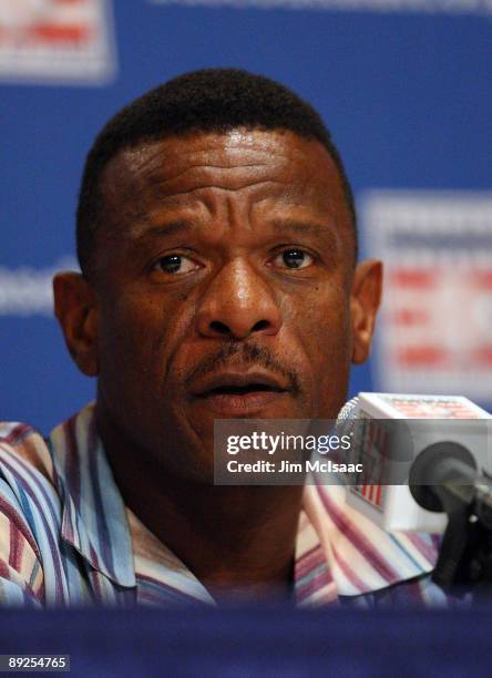 Inductee Rickey Henderson speaks to the media at the Cooperstown Central School during the Baseball Hall of Fame induction weekend on July 25, 2009...