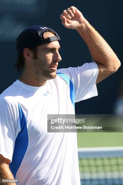 Robby Ginepri celebrates his win over John Isner during the semifinals of the Indianapolis Tennis Championships on July 25, 2009 at the Indianapolis...