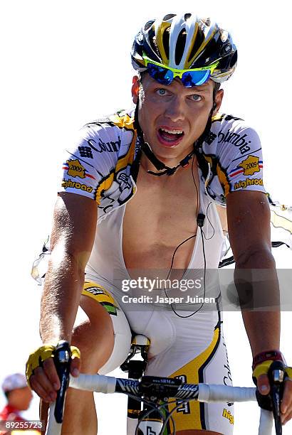 Tony Martin of Germany and team Colombia - HTC reacts as he finishes second on the finishline of stage 20 from Montelimar to Mont Ventoux on July 25,...