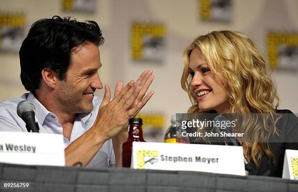 Actors Stephen Moyer and Anna Paquin speak during "True Blood" Q&A at Comic-Con 2009 held at San Diego Convention Center on July 25, 2009 in San...