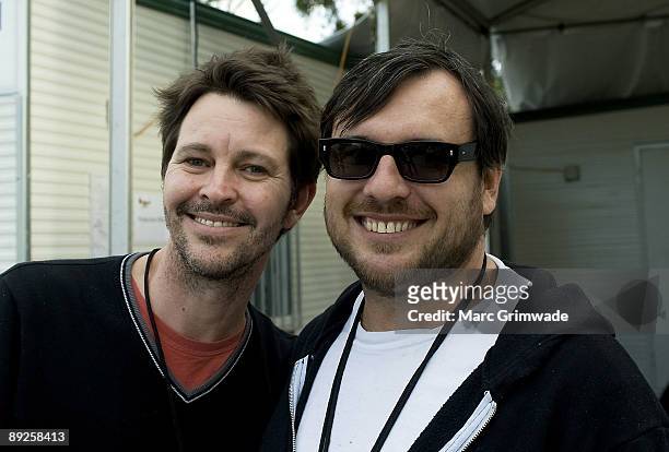Bernard Fanning and festival co-promoter Paul Piticco pose backstage during the Splendour in the Grass festival at Belongil Fields on July 24, 2009...