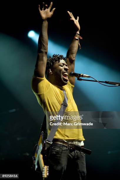 Kele Okereke of Bloc Party performs on stage during the Splendour in the Grass festival at Belongil Fields on July 24, 2009 in Byron Bay, Australia.