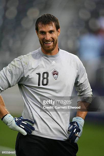 Matt Pickens of the Colorado Rapids warms up prior to the game against the New York Red Bulls on July 25, 2009 at Dicks Sporting Goods Park in...