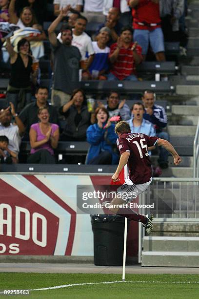 Jacob Peterson of the Colorado Rapids celebrates his goal against the New York Red Bulls on July 25, 2009 at Dicks Sporting Goods Park in Commerce...