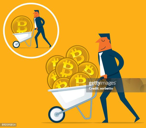 earning cryptocurrency - businessman - cash wheelbarrow stock illustrations