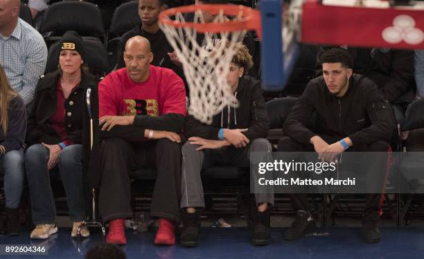 LaVar Ball with his wife Tina Ball and their sons LiAngelo Ball and LaMelo Ball attend the game between the Los Angeles Lakers and the New York...