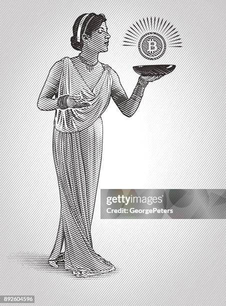 frau und bitcoin - toga stock-grafiken, -clipart, -cartoons und -symbole