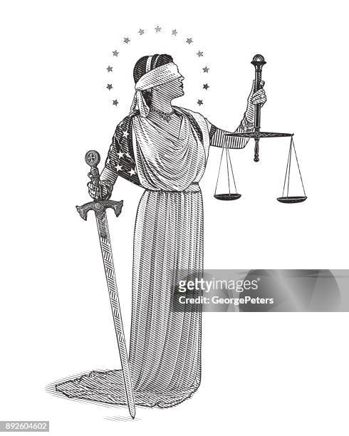 engraving illustration of lady justice holding sword and scales with blindfold and wearing american flag - sword stock illustrations stock illustrations