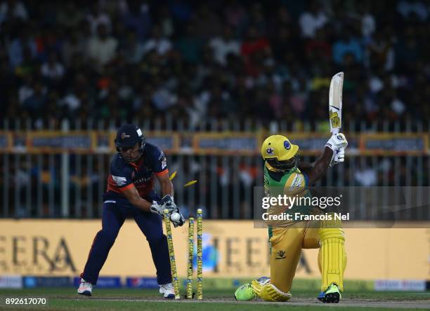 Dwayne Smith of Pakhtoons is bowled by Imad Wasim of Maratha Arabians during the T10 League match between Maratha Arabians and Pakhtoons at Sharjah...