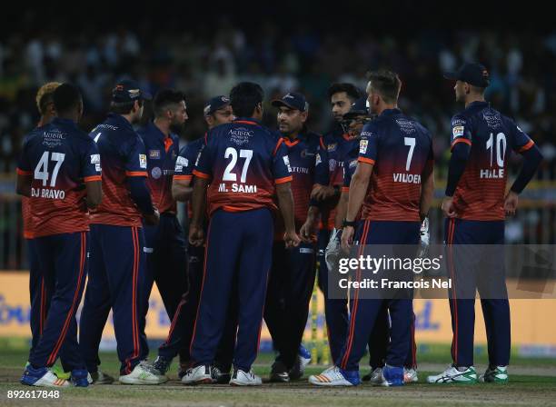 Players celebrate the wicket Dwayne Smith of Pakhtoons during the T10 League match between Maratha Arabians and Pakhtoons at Sharjah Cricket Stadium...