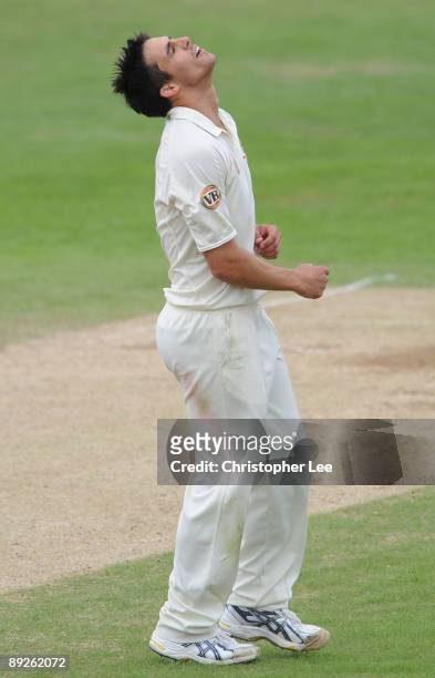 Mitchell Johnson of Australia looks concerned during Day 3 of the International Tour match between Northamptonshire and Australia at The County...