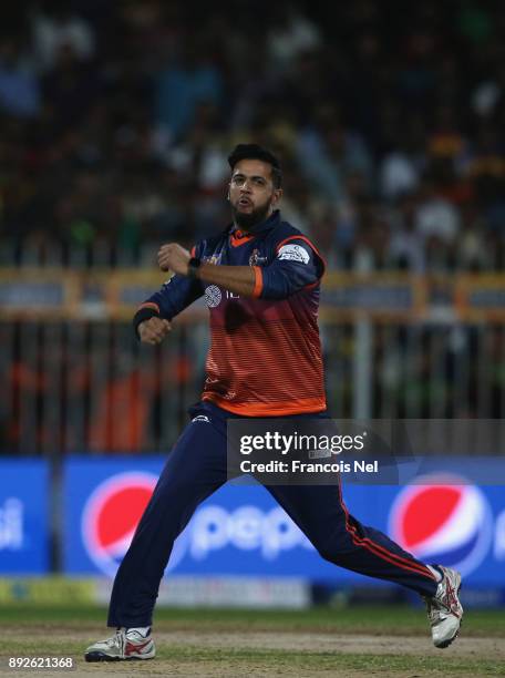 Imad Wasim of Maratha Arabians celebrates during the T10 League match between Maratha Arabians and Pakhtoons at Sharjah Cricket Stadium on December...