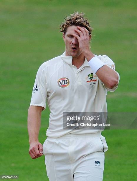 Shane Watson of Australia looks dejected during Day 3 of the International Tour match between Northamptonshire and Australia at The County Ground on...