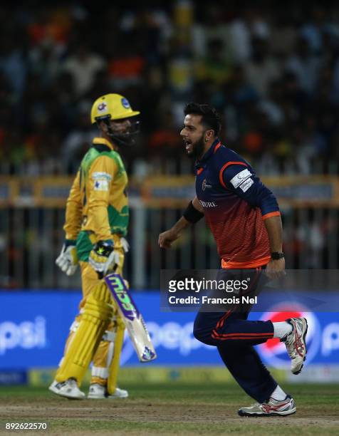 Imad Wasim of Maratha Arabians celebrates the wicket of Ahmed Shehzad of Pakhtoons during the T10 League match between Maratha Arabians and Pakhtoons...