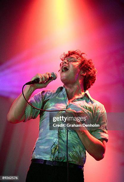 Ed Macfarlane of the group Friendly Fires performs on stage during the Splendour in the Grass festival at Belongil Fields on July 26, 2009 in Byron...