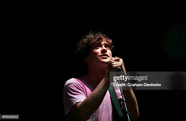 Andrew VanWyngarden of MGMT performs on stage during the Splendour in the Grass festival at Belongil Fields on July 26, 2009 in Byron Bay, Australia.