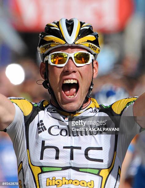Cycling Team Columbia-High Road 's leader Mark Cavendish of Great Britain jubilates on the finish line after winning his sixth stage victory on July...